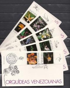 Venezuela, Scott cat. 1563 A-J. Orchids issue on 5 First day Covers. ^