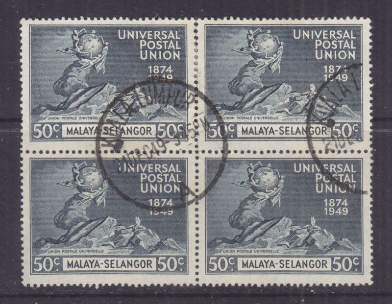 SELANGOR, MALAYA, 1949 UPU 50c. Blue Black, block of 4, used.