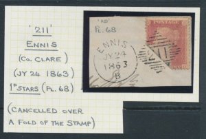 SG 40 1d Rose Red on small piece, folded at left the cancelled over with a