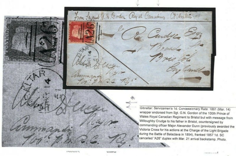 GB Used Abroad GIBRALTAR Cover Signed Canada *CRIMEAN WAR VC* 1861 MILITARY 5k