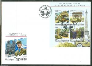 TOGO 2014 70th ANN LIBERATION OF PARIS CHARLES deGAULLE  CHURCHILL SHEET FDC