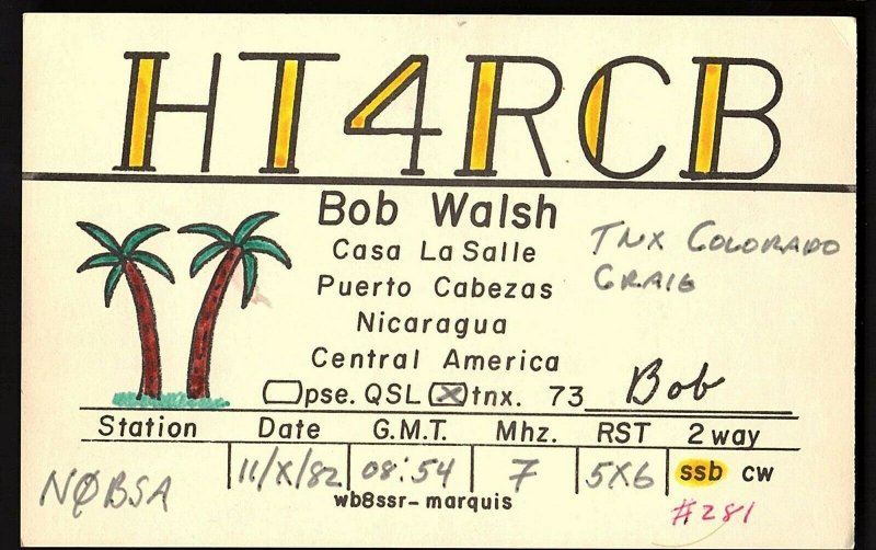 QSL QSO RADIO CARD HT4RCB, Nicaragua, Central America (Q792)