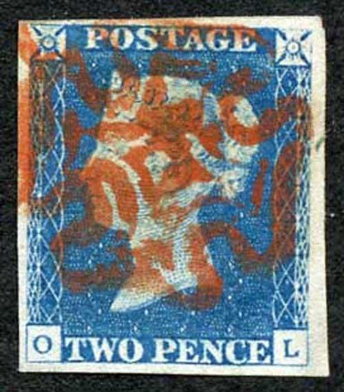 1840 2d Bright Blue (OL) Plate 1 Fine Four Margins