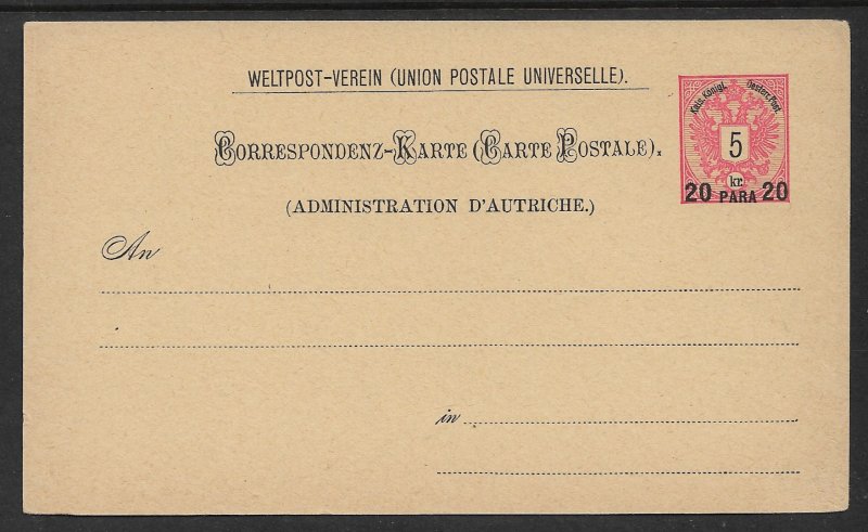 AUSTRIA OFFICES IN TURKEY 1890 20pa on 5kr Arms POSTAL CARD Mi.P9c Unused