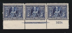 US 330 5c Jamestown Exposition Mint Bottom Plt#3554 Strip of 3 F-VF OG H SCV$450