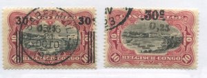 Belgian Congo 1923 30 centimes on 10 centimes 2 different shades used