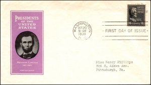 Scott 821 16 Cents Lincoln Ioor FDC Typed Address Planty 821-1