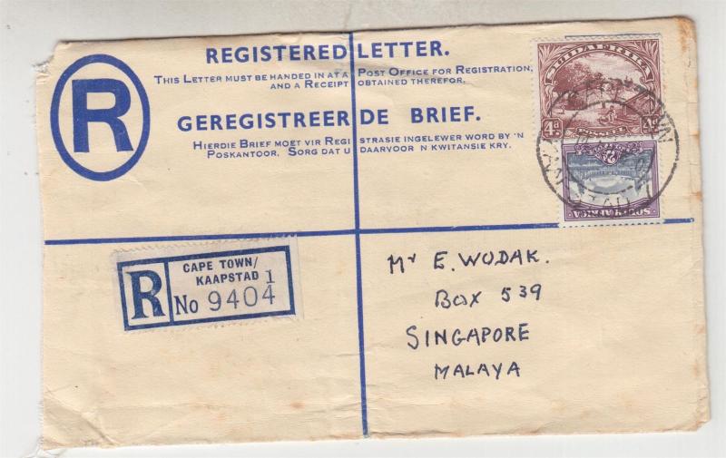 SOUTH AFRICA, 1950 4d. Registered Letter Env., uprated 2d. & 4d. to Singapore