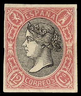 Spain #69E, 1865 12c carmine rose & black, imperf. essay on stamp paper,  wit...