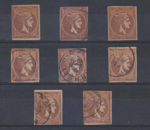 GREECE 1875 ISSUE 1 Lepta Sc 43a & 43c EIGHT STAMPS SHADES USED SCV$390.00 