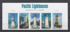 (S) USA #4146-50 Pacific Coast Lighthouses  Strip of 5 MNH