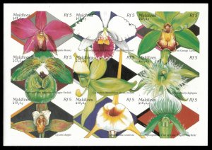 Maldives 1995 - Orchids Flowers - Sheet of 9 IMPERF Stamps - Scott #2105 - MNH