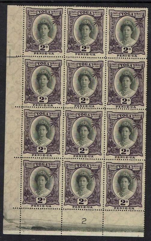 TONGA 1920 QUEEN 2D PLATE 2 BLOCK DIE II MNH ** 