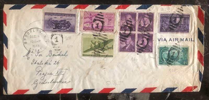 1945 Brooklyn NY USA Colorful Airmail Cover To Prague Czechoslovakia