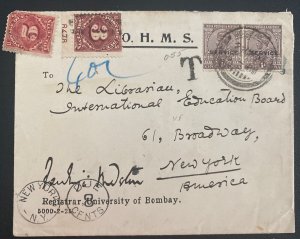 1942 Bombay India University Postage Due OHMS Cover To New York USA