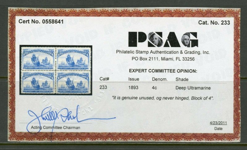 UNITED STATES 4c COLUMBIAN  SCOTT#233  BLOCK ORIGINAL GUM  MINT NH W/PSAG CERT