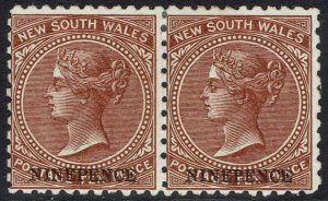 NEW SOUTH WALES 1882 QV NINE PENCE ON 10D PAIR WMK CROWN/NSW PERF 11