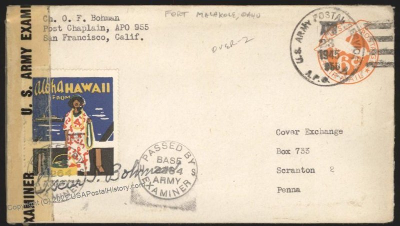 Hawaii USA 1945 APO 955 Military Territorial Mail Cover 109137