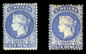 St. Helena #3-4 Cat$1,675, 1871-73 6p dull blue, 6p ultramarine, two differen...
