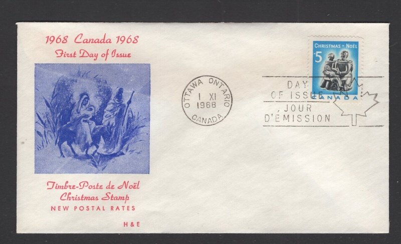 Canada #488 (1968 5c Christmas issue) H&E cachet  FDC unaddressed