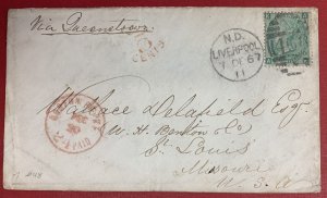 GB Scott #48 Used on 1867 Cover, from Liverpool to St. Louis, 4 Postal Markings