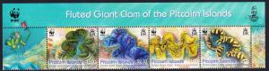 Pitcairn WWF Fluted Giant Clam Wide Top strip of 4v with WWF Logo SG#865a