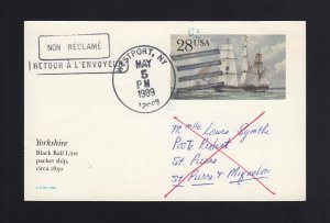 UX122 28c INTERNATIONAL USED to ST PIERRE & MIQUELON - RETURNED