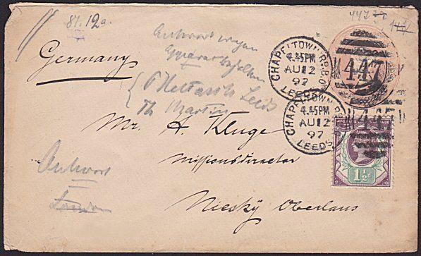 GB 1897 QV 1½d on 1d envelope CHAPELTOWN RD BO LEEDS, to Germany............6877