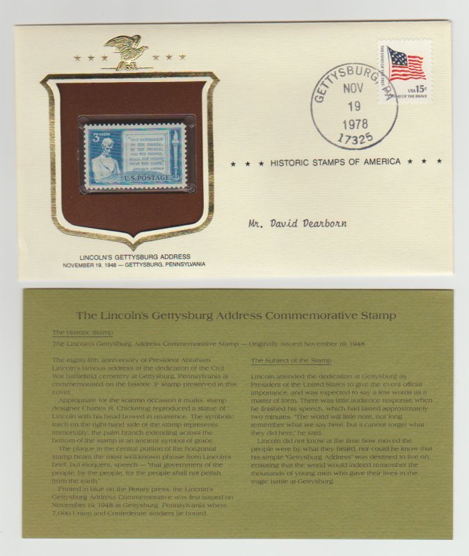 978 Abraham Lincoln Gettysburg w/ Historic Stamps America Commemorative Cover