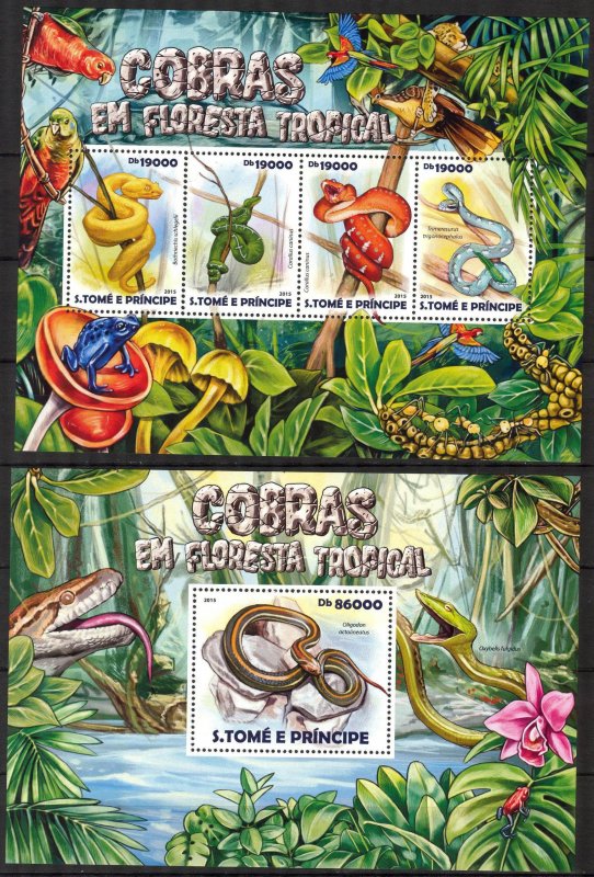 Sao Tome and Principe 2015 Reptiles Snakes sheet + S/S MNH