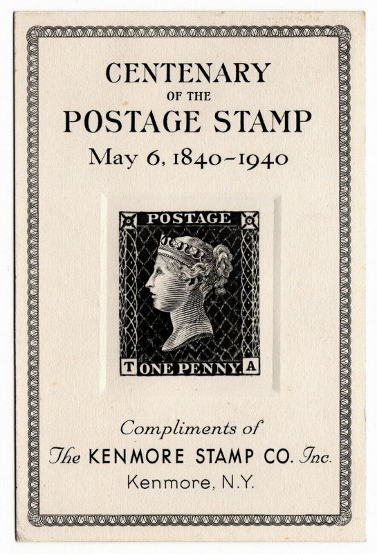 (I.B) US Cinderella : Postage Stamp Centenary Card 1940 (Kenmore Stamp Co)