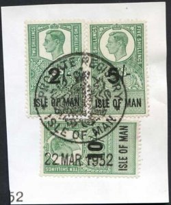 Isle of Man KGVI 10/- + 5/- + 2/- Key Plate Type Revenues CDS on Piece