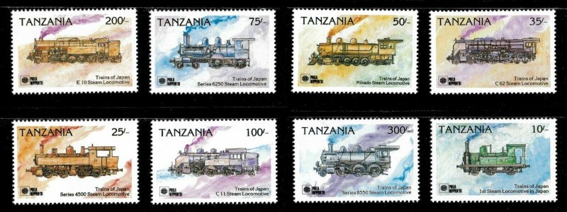 Tanzania 1991 - Phila Nippon Trains of Japan - Set of 8 Stamps Scott 705-12 MNH