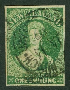 SG 100 New Zealand 1864. 1/- green, watermark New Zealand. A fine used CDS...