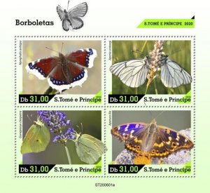 St Thomas 2020 Butterflies, Mourning Cloak 4 Stamp Sheet - ST200601a