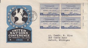 1945 UN Conference B4 (Scott 928) IoorTA FDC