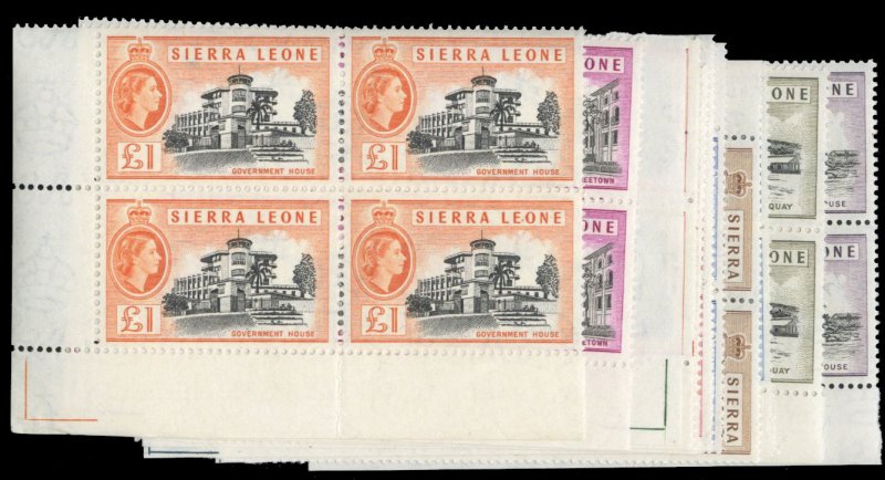 Sierra Leone #195-207 Cat$261.40, 1956 QEII, complete set in blocks of four, ...