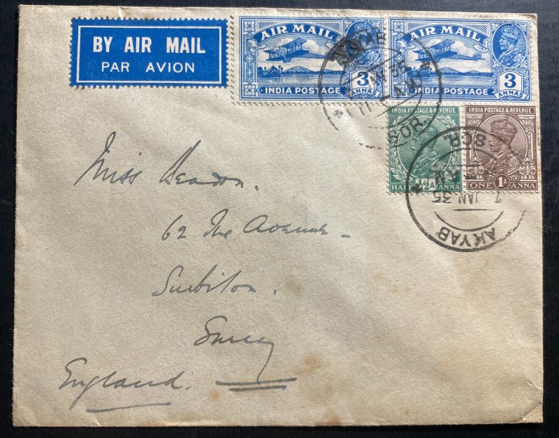 1935 Akyab Burma India Airmail cover To Surrey England