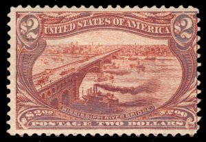 US STAMPS # 293 $2 TRANS-MISS MINT OG H CAT. $2,000 LOT #33404