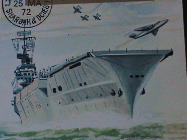 ​SHARJAH-1972- FAMOUS WAR SHIP OF FRANCE  CTO IMPERF-S/S FANCY CANCEL VF