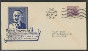 US 732 (1933) 3c Natioanl Recovery Act/NRA(single) on an addressed(typed) first day cover with Anderson cachet