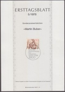 GERMANY Sc #1268 FIRST DAY LEAF: MARTIN BUBER, JEWISH WRITER and PHILOSOPHER