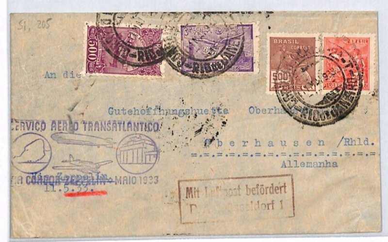 BRAZIL GRAF ZEPPELIN CACHET Air Mail 1933 Cover Rio GERMANY Oberhausen YV220