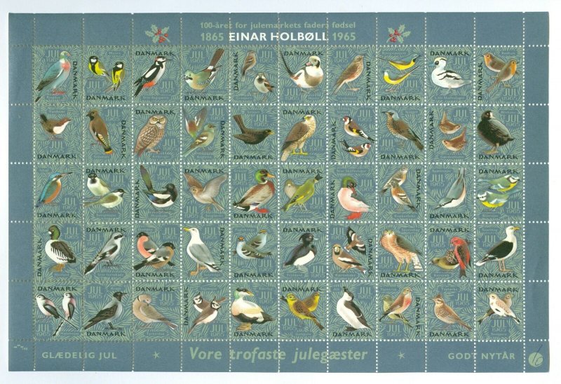 Denmark. 10 Christmas Seal,Sheet 1965, Mnh. Folded. 50 Birds.Owl,Falcon. CV=$.