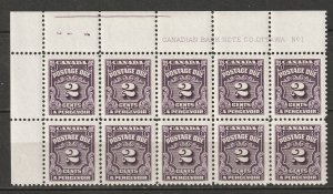 Canada 1935 Sc J16 postage due plate 1 UL block of 10 MNH**