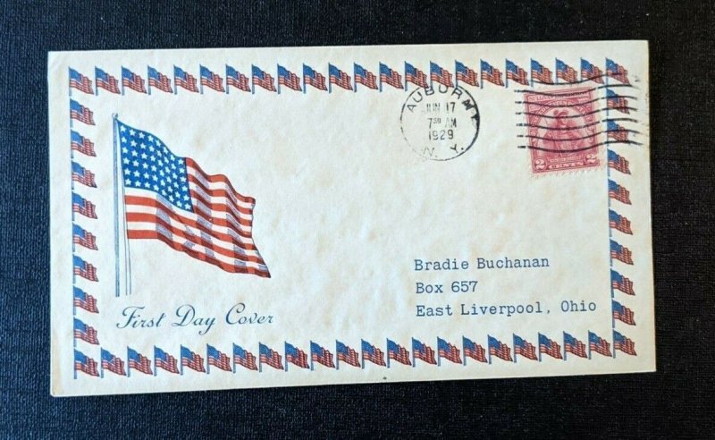 1929 American Flag Auburn NY FDC 657 43 Cover to East Liverpool Ohio