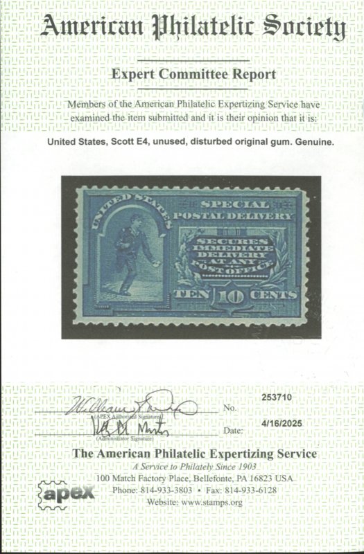 U.S. #E4 MINT WITH APS CERT