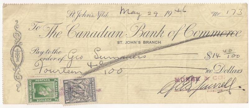 Newfoundland: #245 & #253 Fiscal Usage on 1946 check Unusual