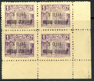 COLOMBIA 1943 1/2c on 1c POSTAL TAX STAMP BLOCK OF 4 EXTRA PERF ROWS At RIGHT NH