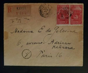 1938 Kayes French Sudan to Paris France Registered Cover